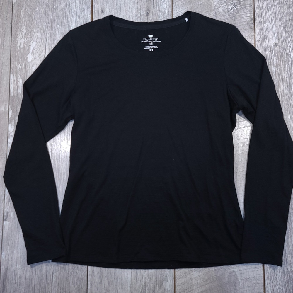 Segments Long Sleeve Top Women Large Black 100% Merino Wool Crew Neck Base Layer